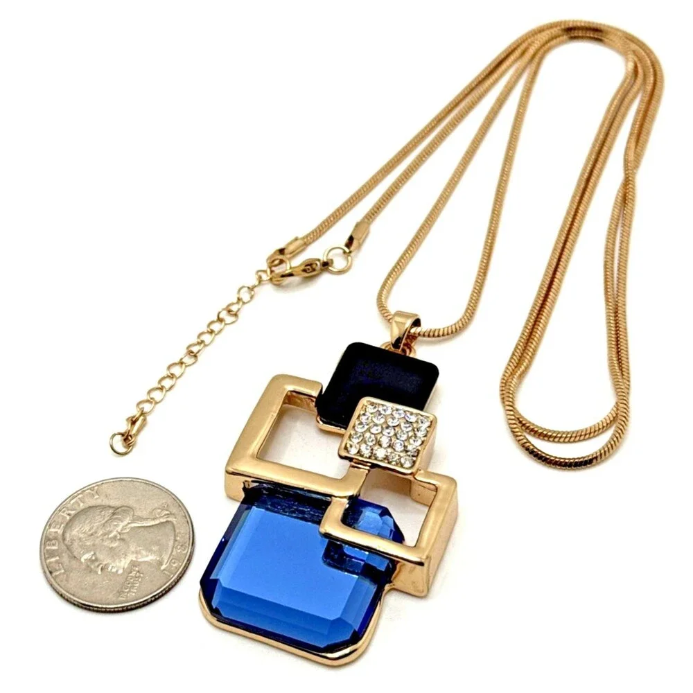 NEW Modernist Geometric Square Statement Necklace Blue Crystal Accents 32